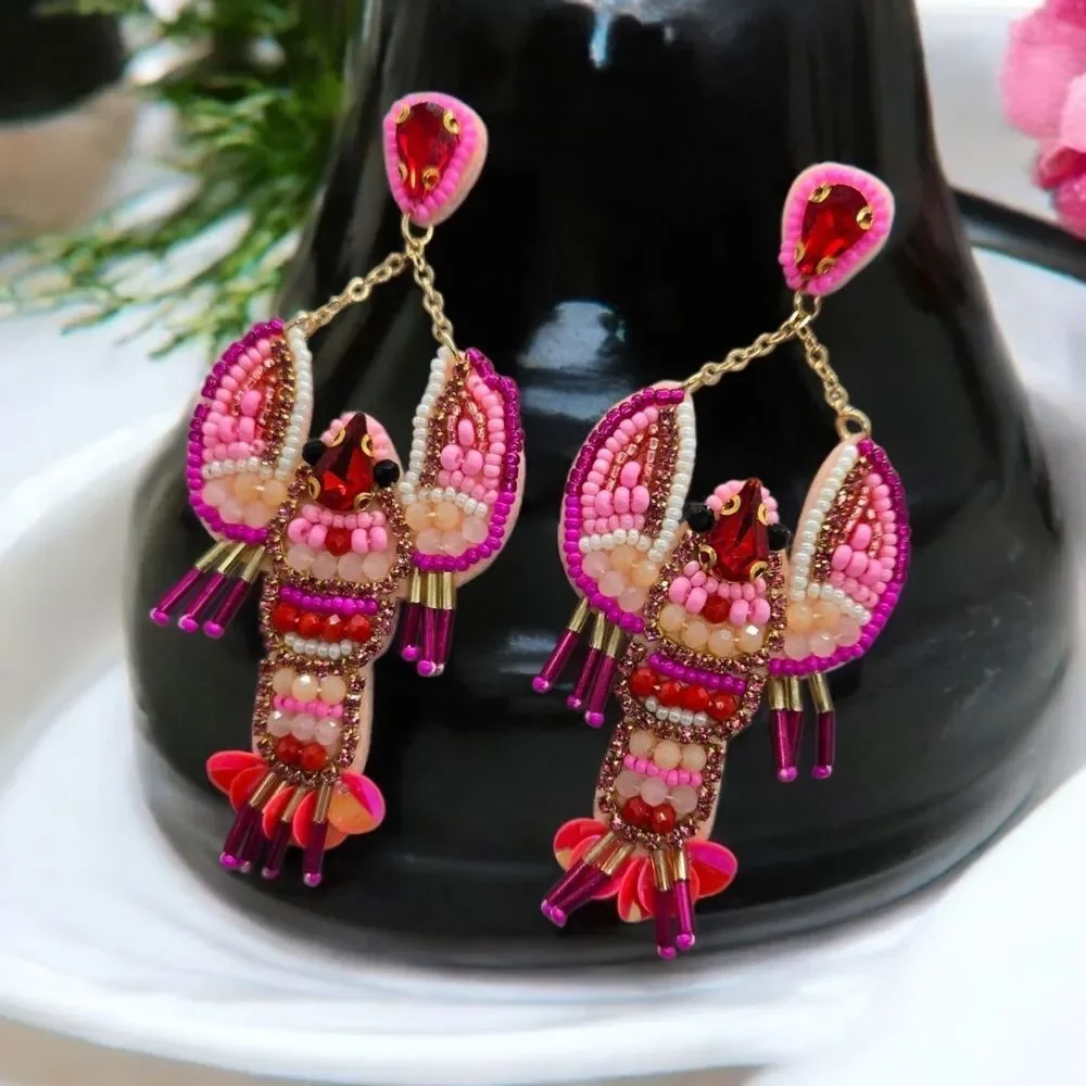 Beaded Lobster Earrings Sequin Bead Dangle Nautical Ocean Marine Jewelry Pierced
